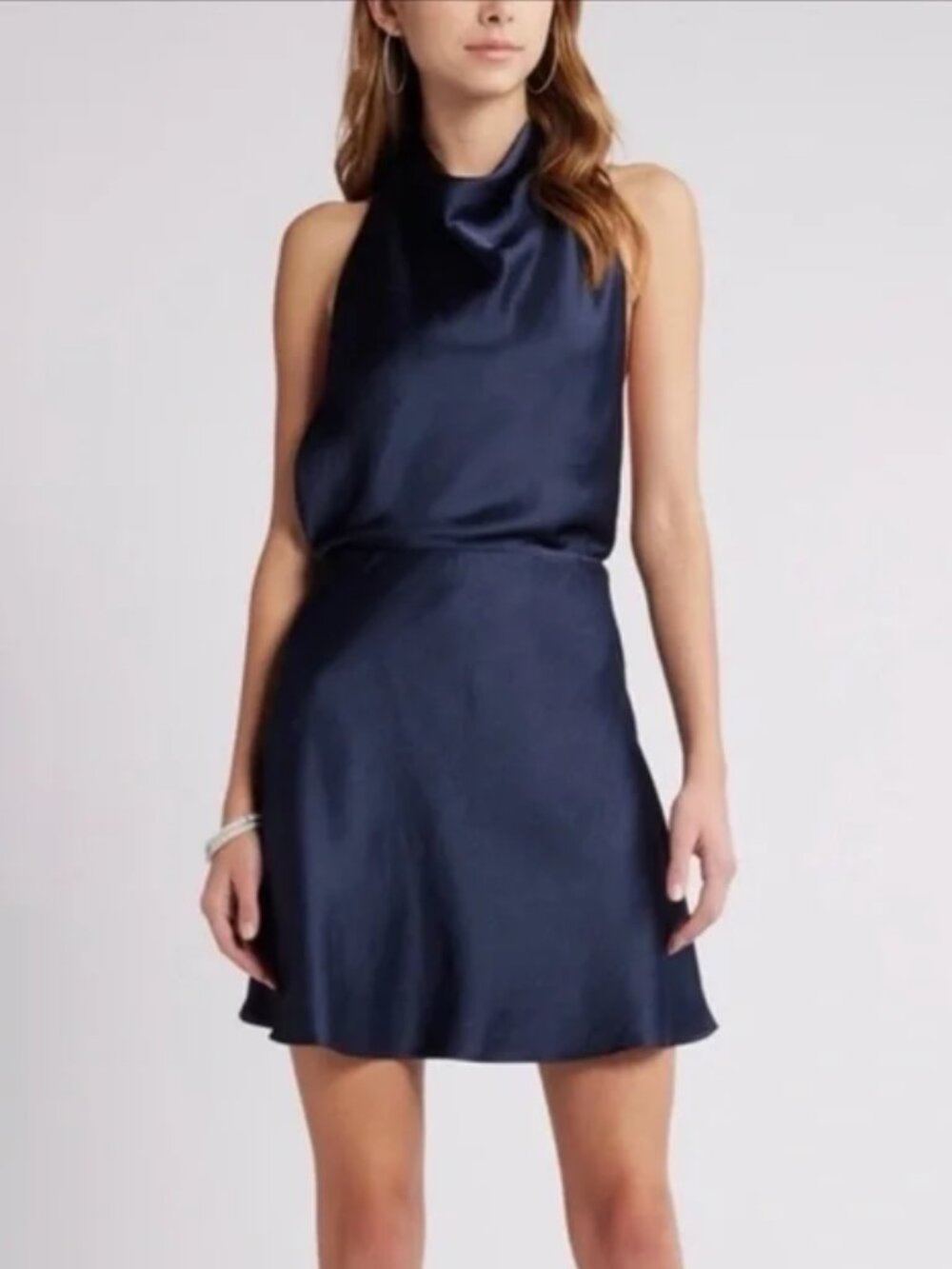 Open Edit Silk Halter Mini Dress Navy Size Large